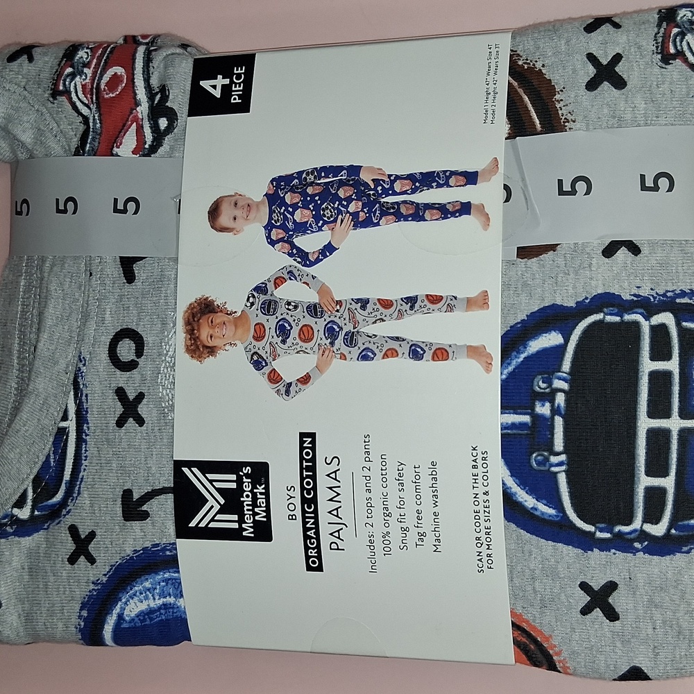 Boys Size 5 Organic Cotton Pajamas Sports & Movies 2 sets/4 Piece Members Mark